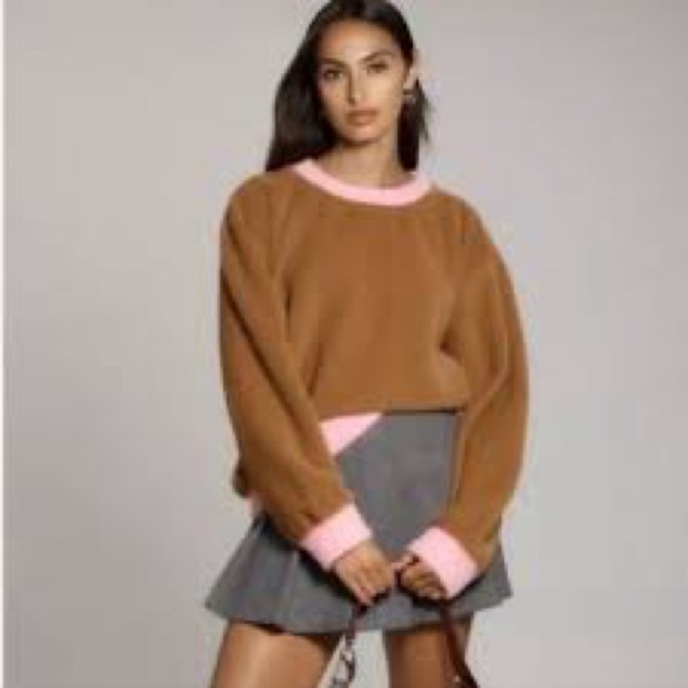 Maeve Anthropologie Cozy Ringer Brown and‎ Pink Fuzzy Sweatshirt Size Medium EUC
